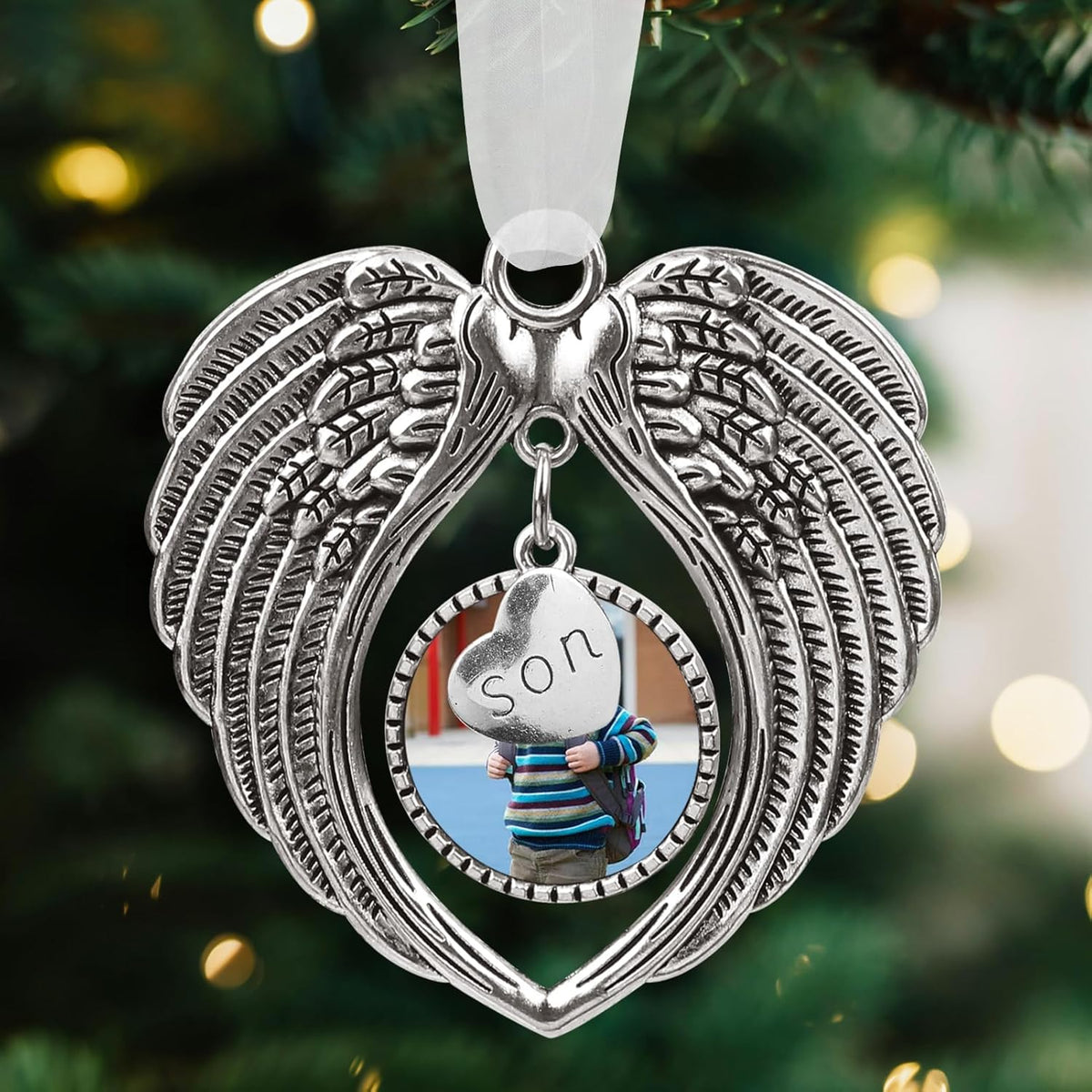 Christmas Ornaments Angel Wings with Custom Photo Frame for Loss of Loved One Remembrance Keepsake with Silk Ribbon & Red Gift Box