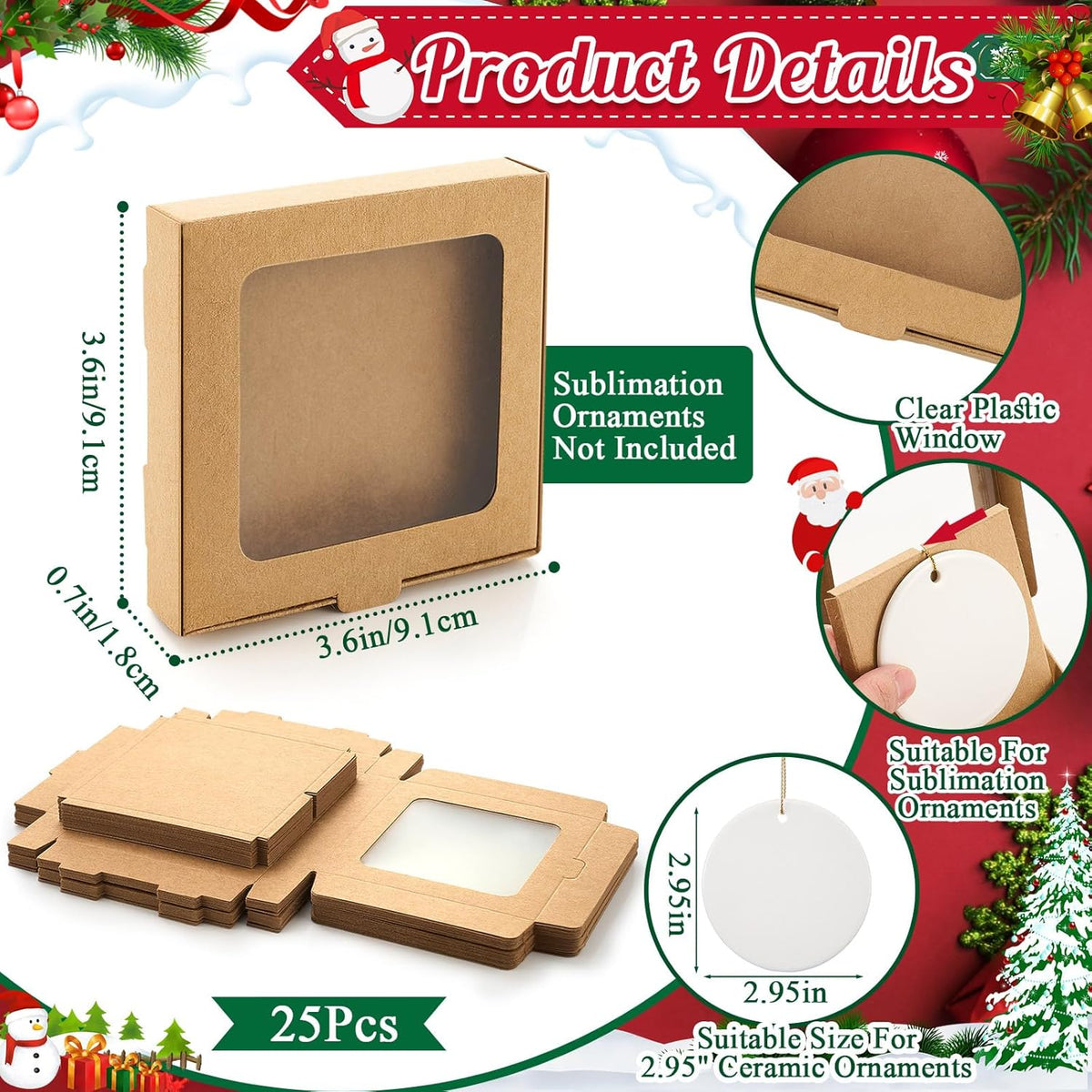 25 Pcs Sublimation Ornament Blanks Box 3.6"x3.6"x0.7" Christmas Ornaments Holder Ceramic Discs Packaging Box with Window for Personalized Xmas Tree Blanks Bulk (Kraft Paper)