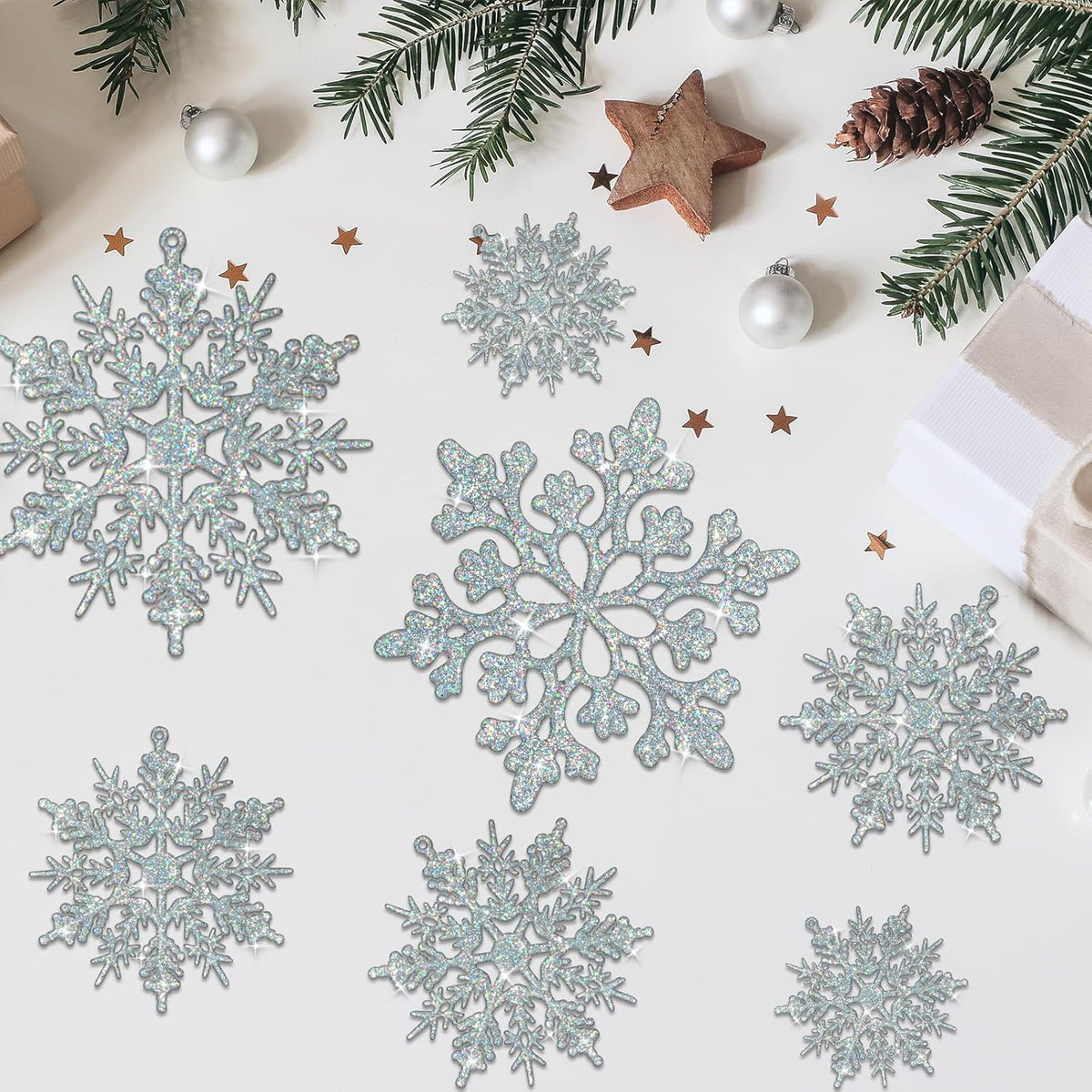 36pcs Iridescent Silver Christmas Snowflake Ornaments, Plastic Sparkling Glitter Hanging Snow Flakes for Christmas Tree Decorations Winter Wonderland Frozen Birthday Party Holiday Home Decor