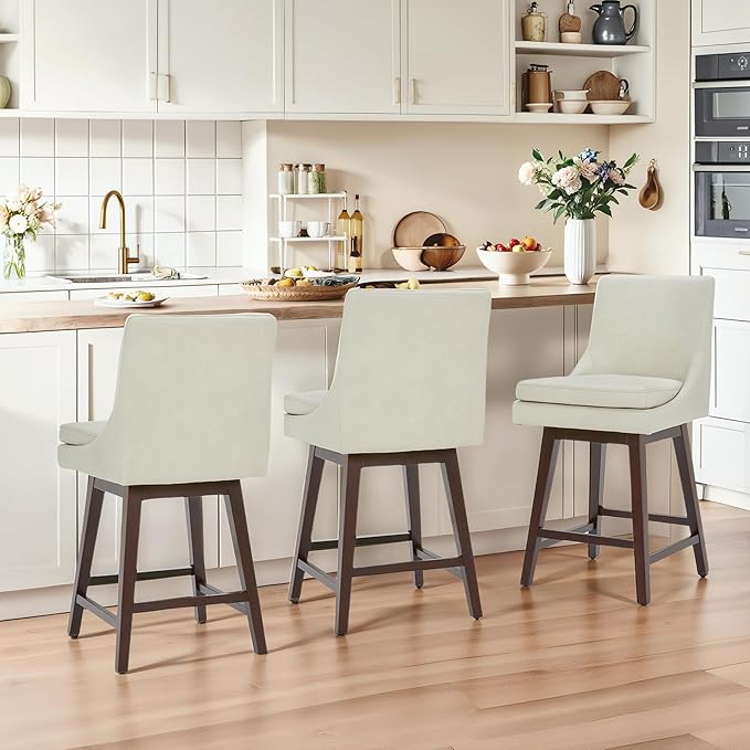 CHITA Counter Height Swivel Bar Stools with Back Set of 2, FSC Certified Upholstered Faux Leather Swivel Barstool, 26.8" H Seat Height, PU Leather in Creamy Gray