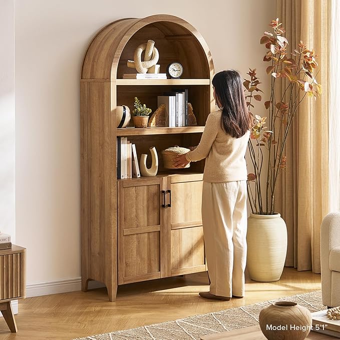 mopio Lauren 77.4" Tall Arched Cabinet, 5-Tier Arched Bookcase with Doors and Adjustable Shelves, Arch Bookshelf with Storage, Wooden Storage Cabinet for Living Room and Kitchen Pantry (Oak)