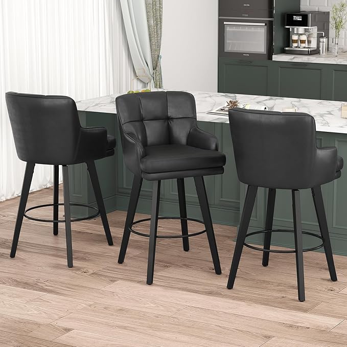 360°Swivel Counter Height Bar Stools with Back, 30 inch Solid Wood Legs, Bar Stool Modern Kitchen Island Chairs, Faux Leather (Black- Faux Leather, 30" H- Set of 2)