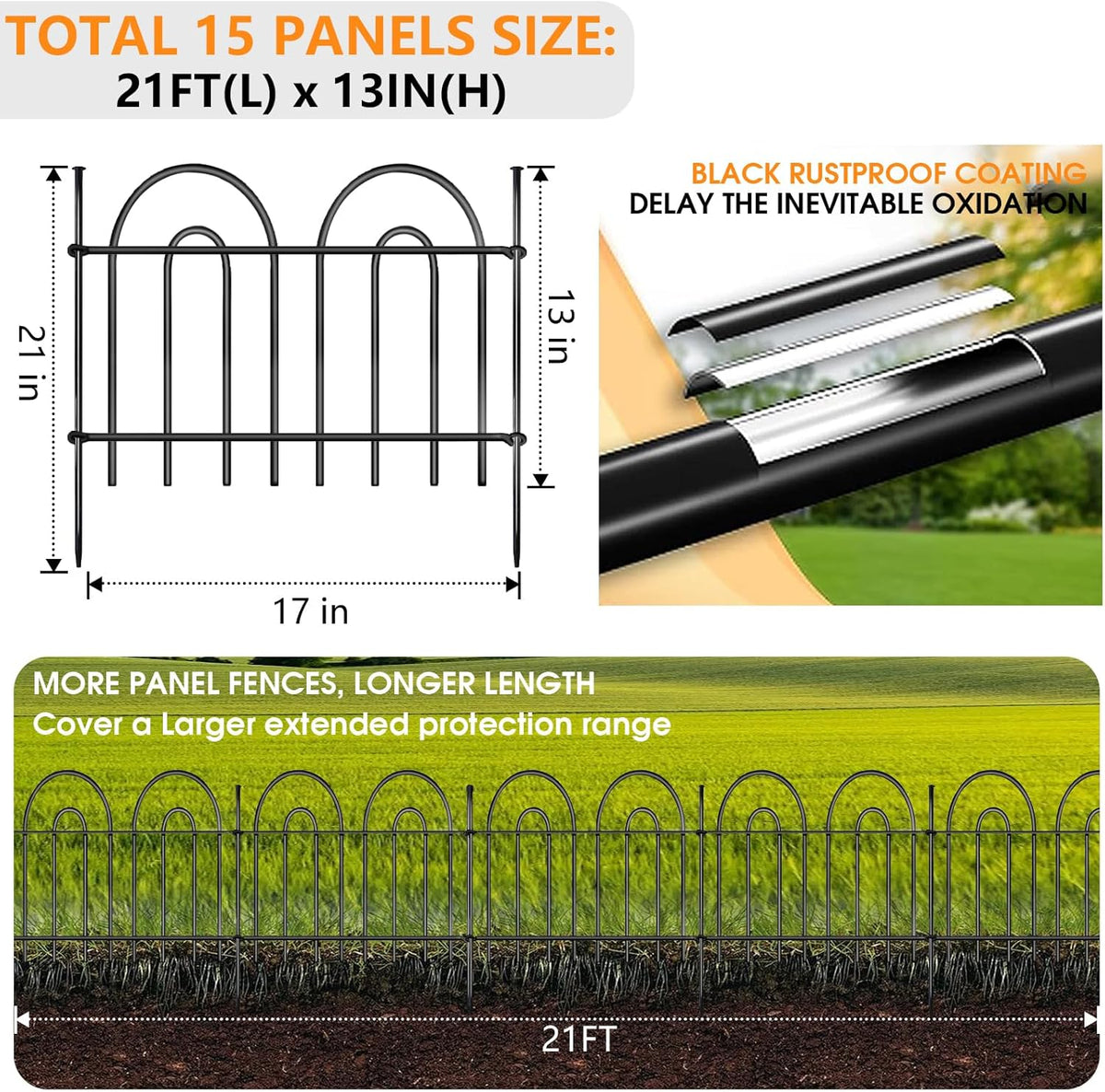 21ft X 13in Animal Barrier Fence, 15 Panels No Dig Fence for Dogs Rabbit, Anti Digging Defense Barrier Garden Edging Border, Rustproof Metal Arched Decorative Garden Fencing for Outdoor, Yard, Lawn