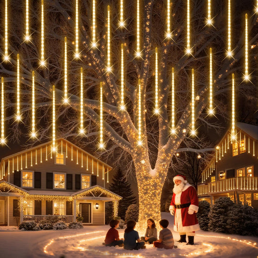 PEMOTech Christmas Lights Outdoor, 16 Tubes 40cm 576 Led Meteor Shower Lights, Waterproof Christmas Decorations Icicle Light for Xmas Tree Halloween Party, Ul Plug,Warm White