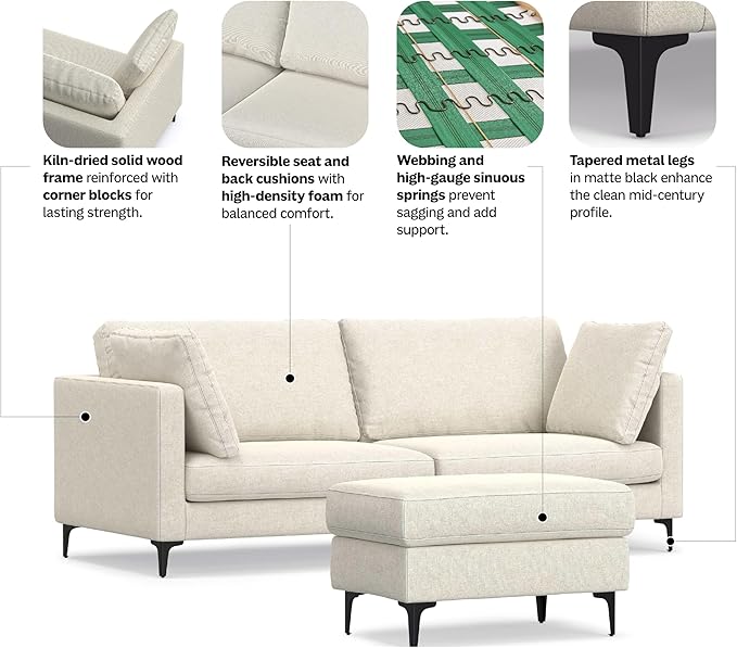 SIMPLIHOME Ava Sofa and Ottoman in 100% Recycled Polyester Performance Fabric, Cream, 90-inch-wide 3-Seater Couch and Matching 36-inch-wide Table Ottoman for Living Room, 2-Piece Set