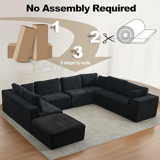 Modular Sectional Cloud Couch for Living Room,Modern Boneless Couche Set with Plush Corduroy,Comfy Floor Sofa with Memory Foam,Stupendous U Shaped Sofa with Chaise,No Assembly Required,Black