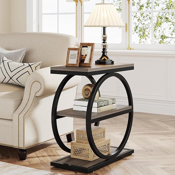 LITTLE TREE 3-Tier End Table, Grey Side End Table with Storage Shelves, Small Sofa Side Table for Living Room, Slim Nightstand and Bedside Table with Black Double Round Metal Legs