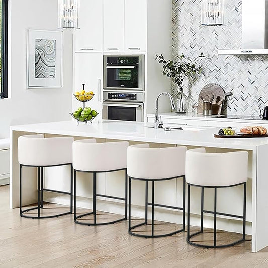 Contemporary Cream Linen Bar Stools Set of 4, 32" Upholstered Fabric Counter Height Bar Stools Kitchen Counter Island Stools with Black Metal Base