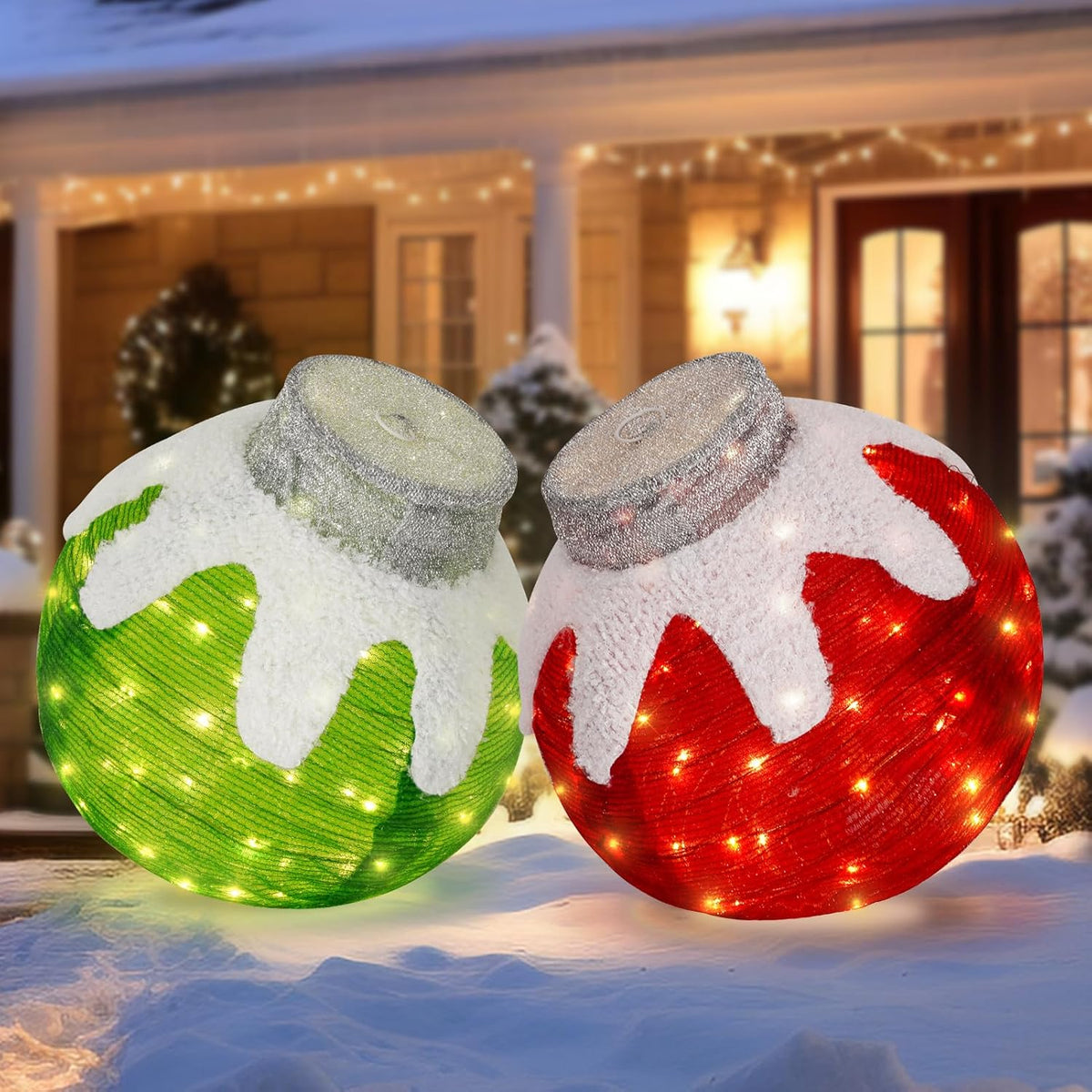 BRIGHTDECK 2 Pcs Outdoor Christmas Ornaments, Lighted Pop-Up Outdoor Holiday Ball Decoration with 80 LED Lights, 8 Light Modes, Lighted Collapsible Holiday Decorations for Yard, Home (RedGreen)