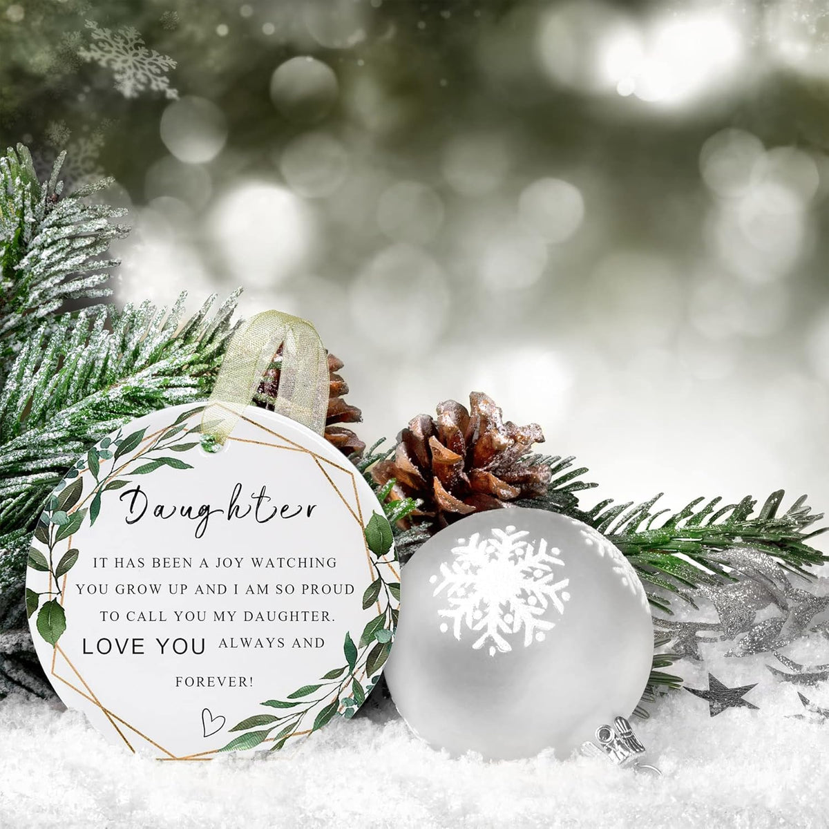 Daughter Ornaments 2025 Daughter Christmas Ornament Xmas for Daughter Forever Ornament Daughter Best Daughter Ever Gift Double-Sided Printing Ceramic with Gift Box&Ribbon 2.9"