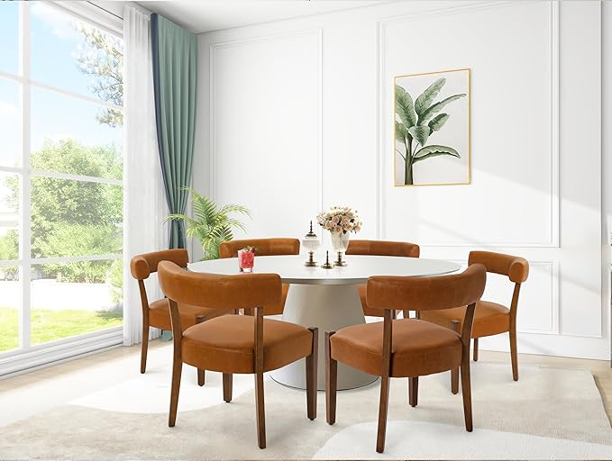 Modern Dining Chairs Set of 8, Faux Leather Upholstered Kitchen & Dining Room Chairs, Mid Century Modern Wooden Dining Chairs Oversized Sturdy Rounded Chairs Curved Back, Brown