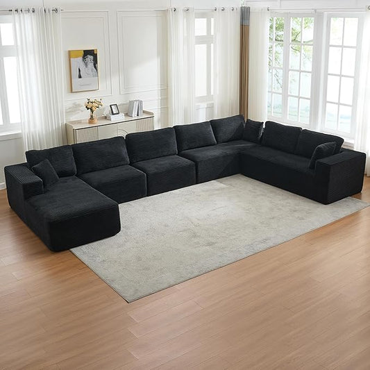 Modular Sectional Cloud Couch for Living Room,Modern Boneless Couche Set with Plush Corduroy,Comfy Floor Sofa with Memory Foam,Stupendous U Shaped Sofa with Chaise,No Assembly Required,Black