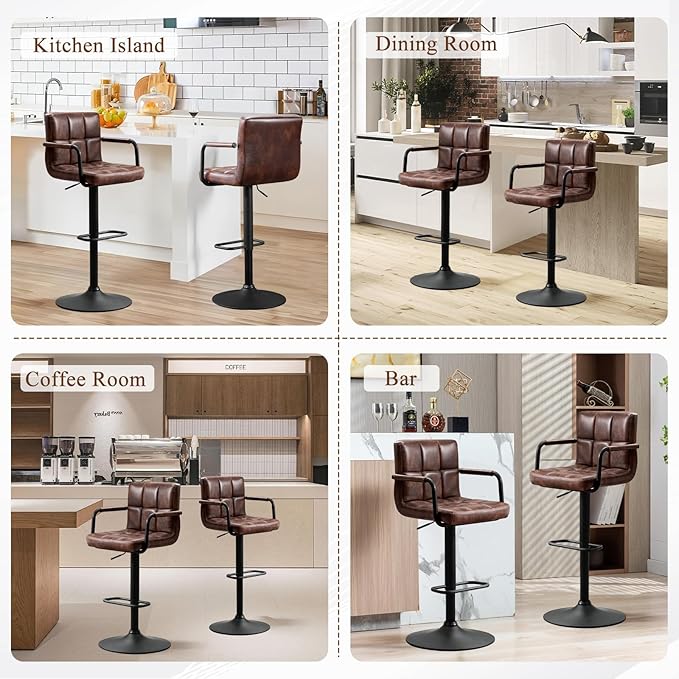 Furniliving Bar Stools Set of 2 with Back, Modern Square PU Leather Kitchen Stools with Armrest, Adjustable Counter Height Barstools for Kitchen Bar Pub Cafe (Darkbrown)