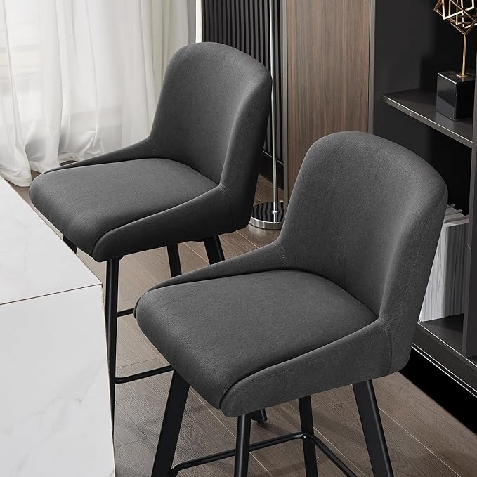 Swivel Counter Height Bar Stools Set of 2, 26''H Upholstered Barstools with Backs, Modern Bar Stool Chairs for Kitchen Island, Metal Legs, Fabric, Black Grey Stools Counter Chair