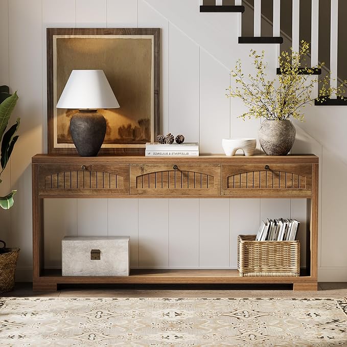 LITTLE TREE 70.8-Inch Long Console Table with 3 Drawers, Farmhouse Narrow Entryway Table for Hallway, Entry, Behind Couch, Sofa, Entrance, Living Room, Foyer with Open Shelves Rustic Brown