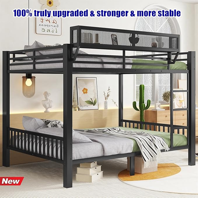 Higher Quality & Stronger Heavy Duty Steel Black Bunk Bed Queen Over Queen Size Bunkbed, Thickened More Stable Safer Metal Bunk Queen Bed (Easier to Assemble)