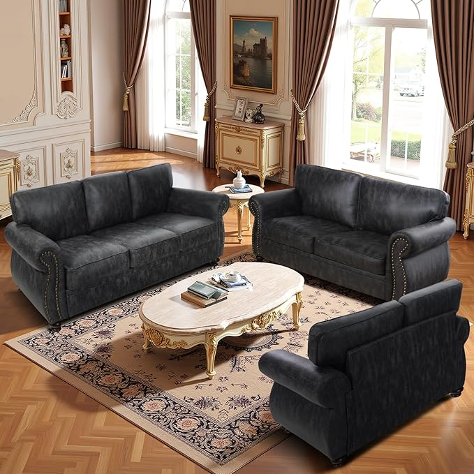Mid-Century Vintage Sofa Couches with Rivet Design,3-Seater Sofa,Removable Sofa Cover Upholstered Cushions and Solid Wood Frame (Grey, 3-Seater)