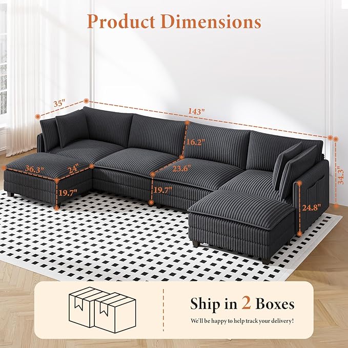 Vesgantti 143" U Shaped Sectional Modular Couch, Comfy Corduroy Upholstered Modular Cloud Sofas for Living Room, Modern Sectional Sofa with 2 Ottoman Deep Seat, Dark Grey