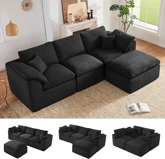 112" Cloud Sectional Couch, Boneless Couches for Living Room, L Shaped Couch with Convertible Ottoman, Modular Sectional Sofa with Deep Seat, Comfy Soft Cushions, No Assembly, Black