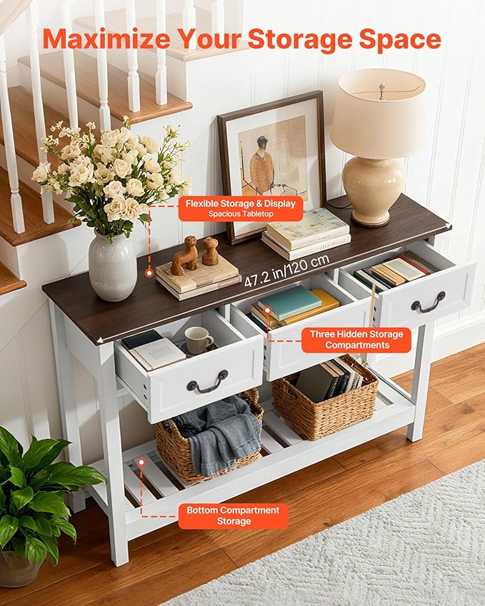 VEVOR 47 in Console Table, Farmhouse Desk Behind The Couch with Drawers and Bottom Storage Shelf, Wooden Rectangle Entrance Narrow Sofa Table for Hallway, Bedroom, Living Room, Foyer, Brown + White