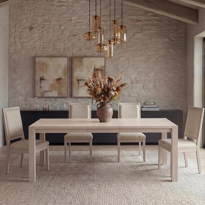 60"-80" Extendable Dining Table, Modern Rectangular Wood Kitchen Table, Farmhouse Expandable Dinner Table, Traditional Large Extension Meeting Desk for Dining Room, Living Room, Off-White