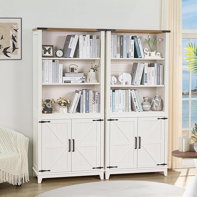 70in Tall Bookshelf 5 Tier Bookcase with Barn Doors and Storage Cabinet, White Farmhouse Book Shelf with Adjustable Shelves, Wood Freestanding Display Bookshelves for Bedroom, Kitchen (3PCS)