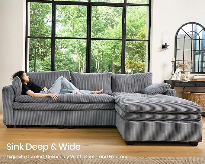 Belffin Large Modular Sectional Sofa with Double Deep Chaise and Loveseat, Corduroy U Shape Couch with 9" Soft Dual-Layer 9 Seats Cushion for Living Room, Apartment, Light Grey