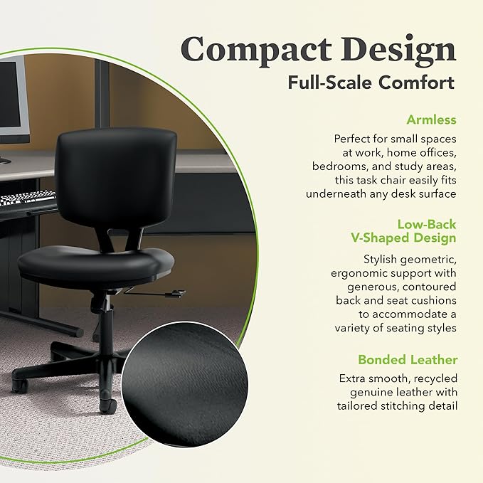 HON Volt Armless Chair, Ergonomic Adjustable Center-Tilt Recline, Leather Back and Seat, Swivel Desk Chairs Ergonomic, Black