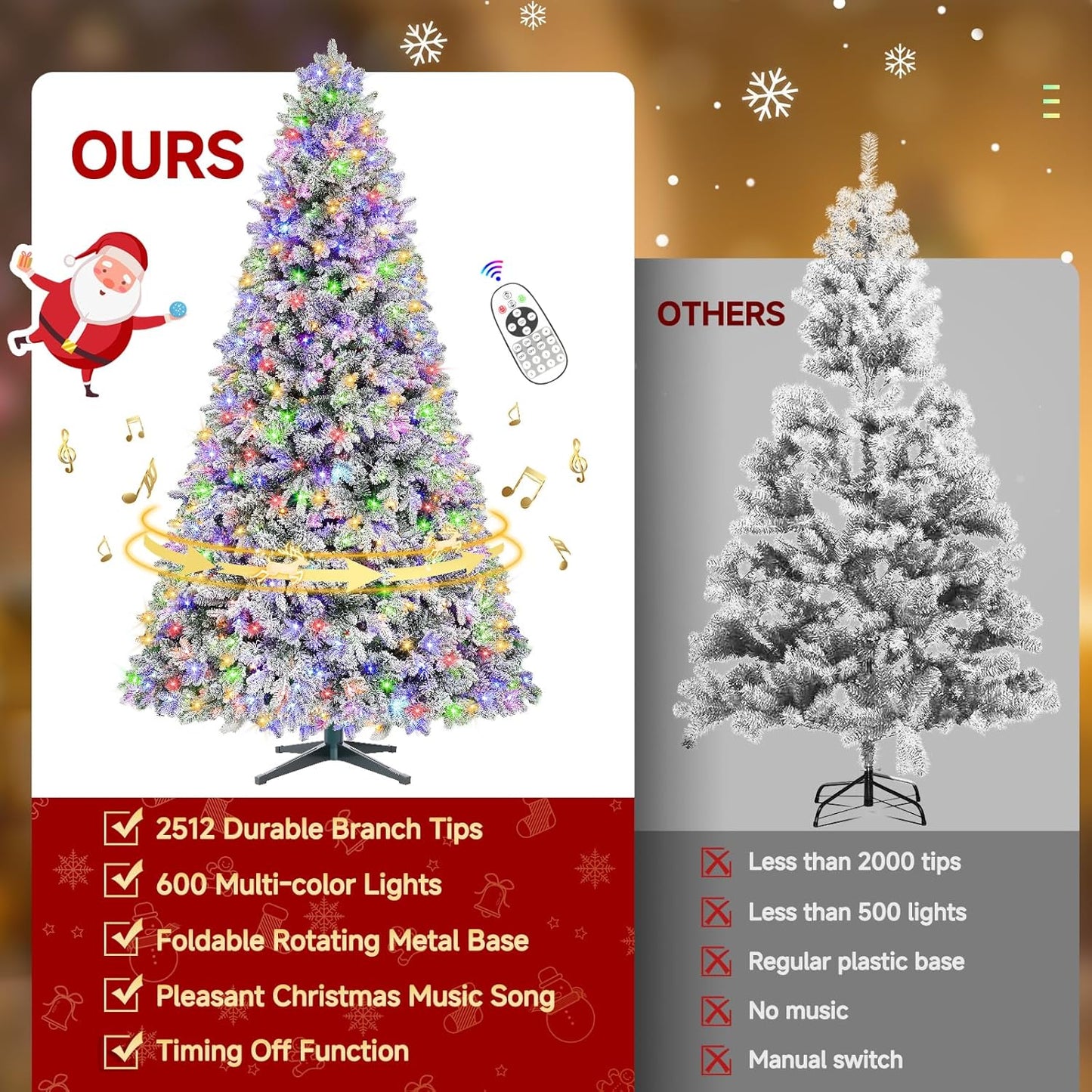 9ft Pre-lit Artificial Christmas Tree with Remote, Snow Flocked Xmas Trees Rotating & Foldable Stand, RGB & Warm White Light for Home Decor