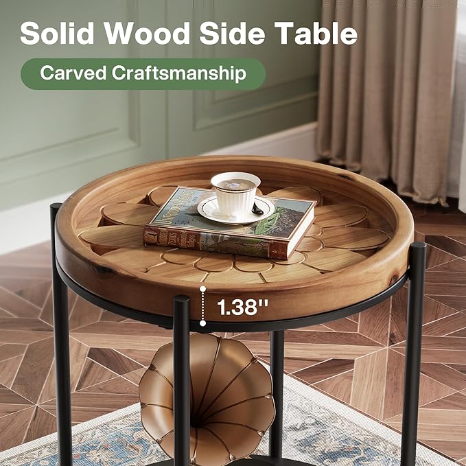 Tribesigns Round Side Table Set of 2, 2-Tier End Table with Solid Wood and Metal, Industrial Nightstand for Small Spaces, Living Room, Bedroom, Study Room (Rustic Brown)