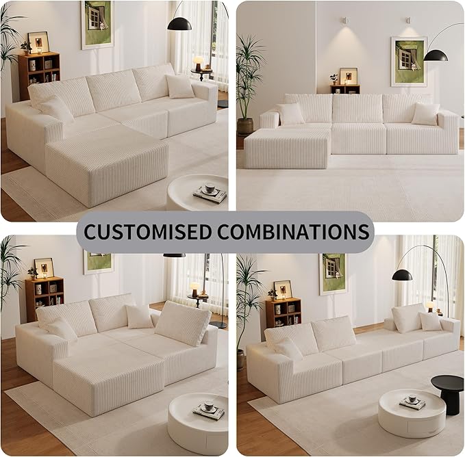 110" Boneless Cloud Sectional Couch for Living Room, Compressed Modular L-Shaped Sofa with Deep Seat, Frameless Corduroy Couch in Boxes, No Assembly Required 3-Seater (Left-Facing Chaise, Beige)