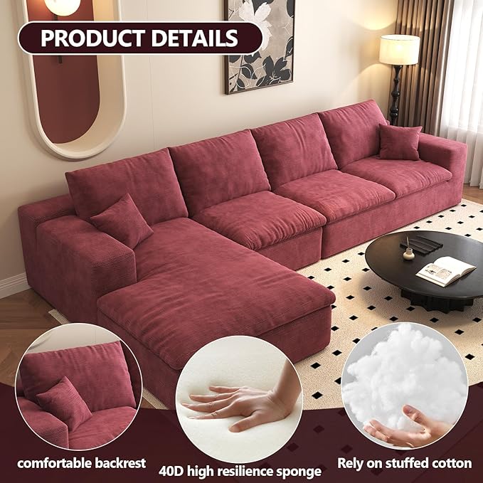 136.6'' L-Shaped Modern Modular Sectional Cloud Couch, 4-Seat Chenille Deep-Seat Sofa with Pillow for Living Room, Bedroom, Apartment, Wine Red