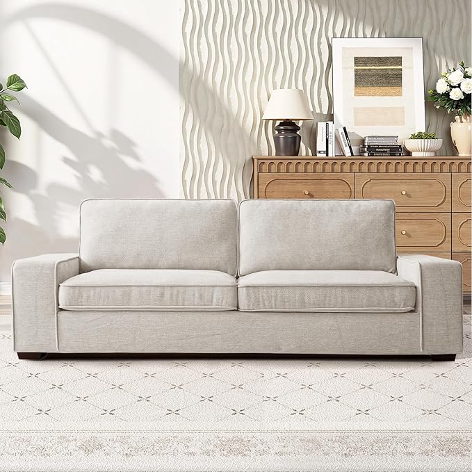 RISAR 88.58" Modern Sofa for Living Room, Chenille Couch with Removable Cover & Spring Cushions, Solid Wood Frame, Easy Assembly for Small Spaces (Beige)