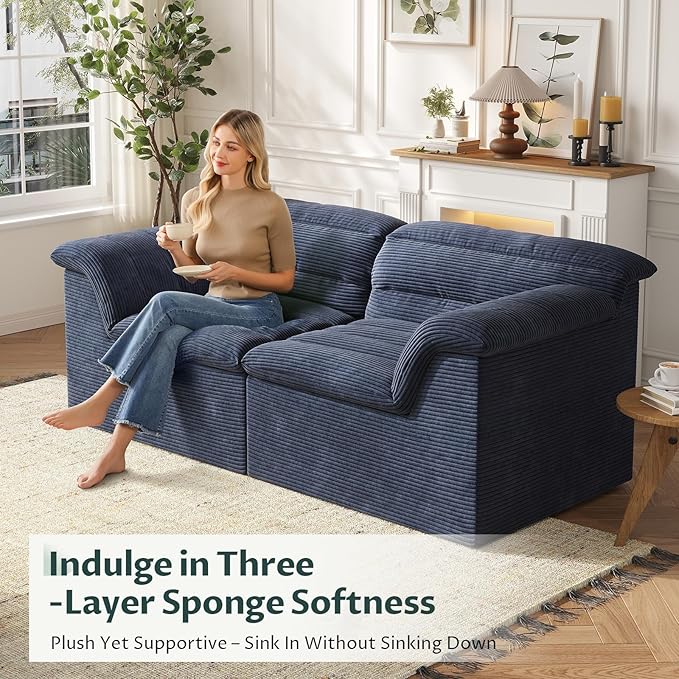 88" Sofa with Deep Seats Oversize, 3 Seater Cloud Couches, Upholstered Corduroy Couch for Living Room Bedroom, No Assembly Required, Blue
