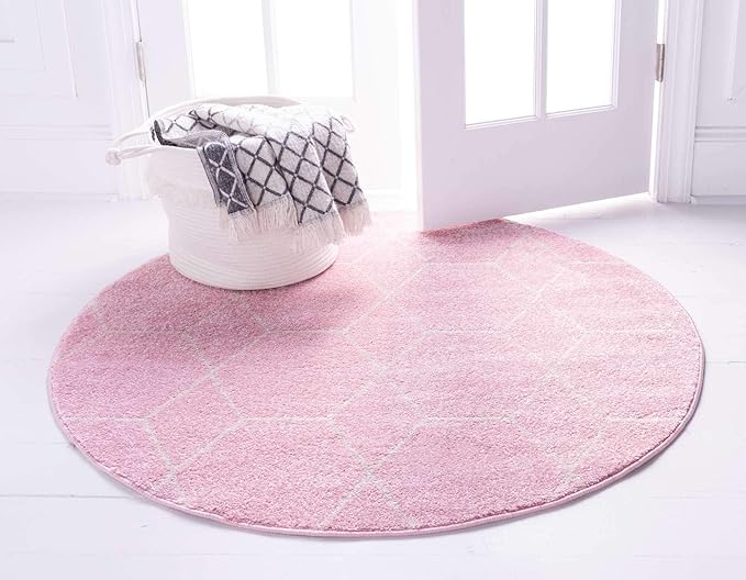 Unique Loom Trellis Frieze Collection Area Rug - Geometric (5' 1" Round, Light Pink/ Ivory)