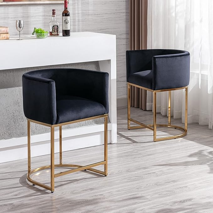 Contemporary Black Velvet Bar Stools Set of 4, 24" Upholstered Fabric Counter Height Barstools Kitchen Counter Island Stools with Screwed Together Golden Metal Base