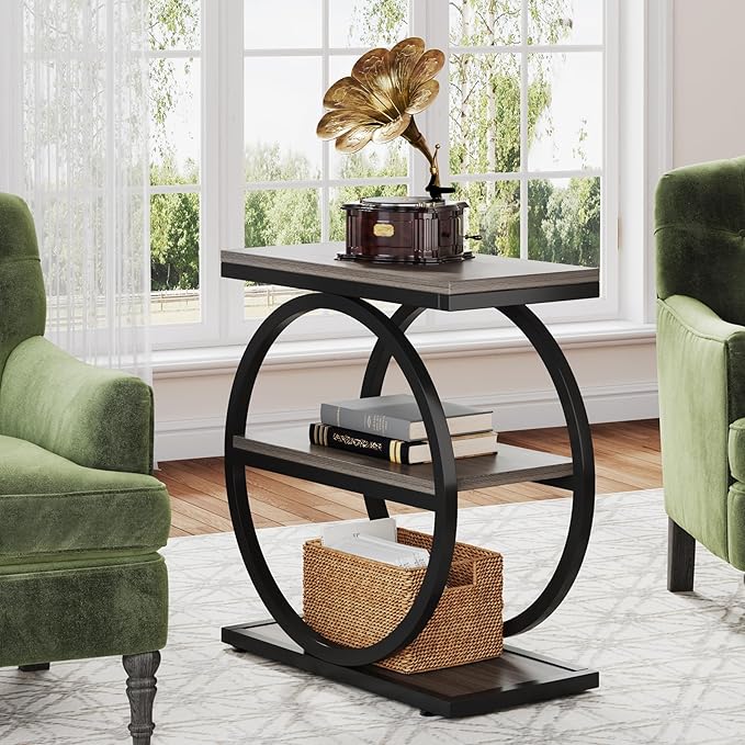 LITTLE TREE 3-Tier End Table Set 2, Grey Side End Table with Storage Shelves, Small Sofa Side Table for Living Room, Slim Nightstand and Bedside Table with Black Double Round Metal Legs