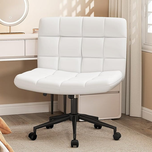 Furnimart Criss Cross Desk Char Wide Seat with Wheels, 360° Swivel Cross Legged Desk Chair Thick Cushion, Comfy Armless Home Office Chair for Bedroom, Vanity, Sturdy (Faux Leather White)
