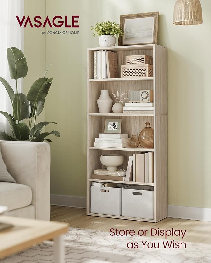 VASAGLE Custos Collection - Bookshelf, 5-Tier Bookcase, Book Shelf, Open Storage Shelf, 9.4 x 23.6 x 52.8 Inches, for Living Room, Home Office, Dinning Room, Natural Beige ULBC165L01