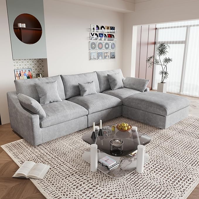 JACH L-Shaped Sectional Couches for Living Room, Cloud Sectional Couch with Deep Seat, Modular Sectional Sofa with Chaise, Covers Removeable & Washable, Sofas Furniture for Living Room, Light Grey
