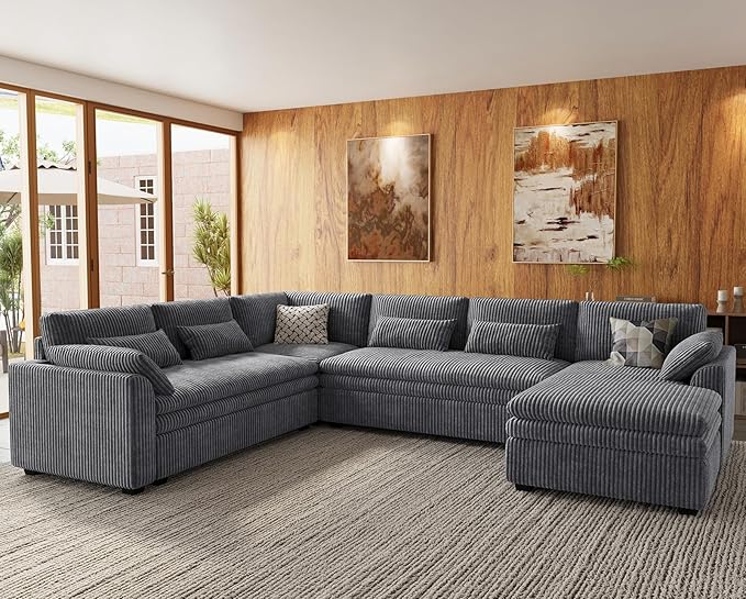Belffin Large Modular Sectional Sofa with Deep Chaise, Corduroy U Shaped Couch with 9" Soft Dual-Layer 7 Seats Cushion for Living Room, Apartment, Light Grey
