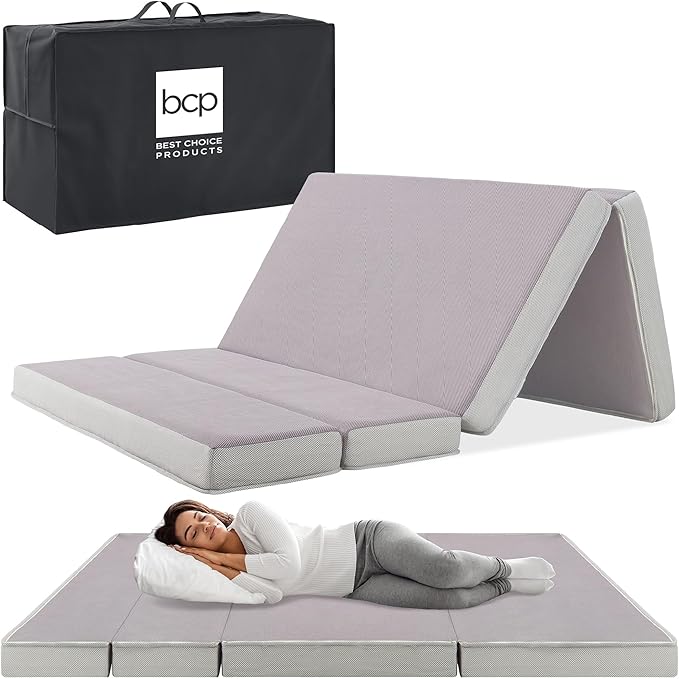 Best Choice Products 4in Portable Full-Size Mattress, Tri-Fold Mattress for Camping, Guest, Toddler, Foam Plush w/Carry Case - Grey