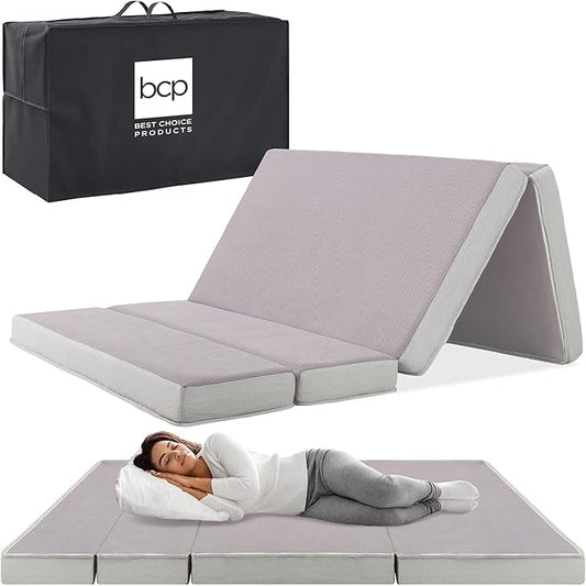 Best Choice Products 4in Portable Twin XL-Size Mattress, Tri-Fold Mattress for Camping, Guest, Toddler, Foam Plush w/Carry Case - Grey