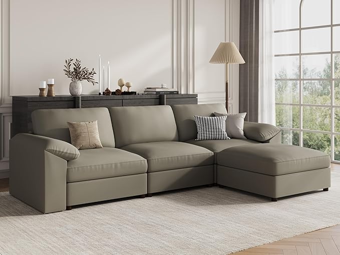 EASE MOOSE Leather Sectional Couch, Oversized Modular Sectional Sofas, Wide Deep Seat Modular Couch, Scratch Resistant Faux Leather Material, L Shaped Sofa for Big Spaces,Light Grey
