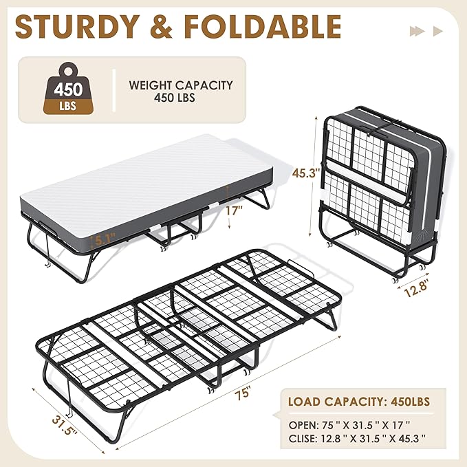 Superday Folding Bed with Mattress, 75" x 31" Folded Bed, Roll Away Beds with Mattresses for Adults, Portable Roll Away Guest Beds for Easy Storage, Space-Saving Sturdy Metal Frame