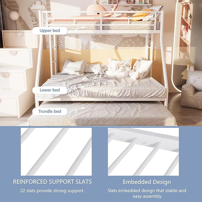 SUNLEI Metal Bunk Beds with Double Secured Ladders, Twin Over Full Bunk Bed with Surrounded Safety Guardrails, Space Saver Twin Beds, Noise Free for Small Bedroom, with Trundle, White