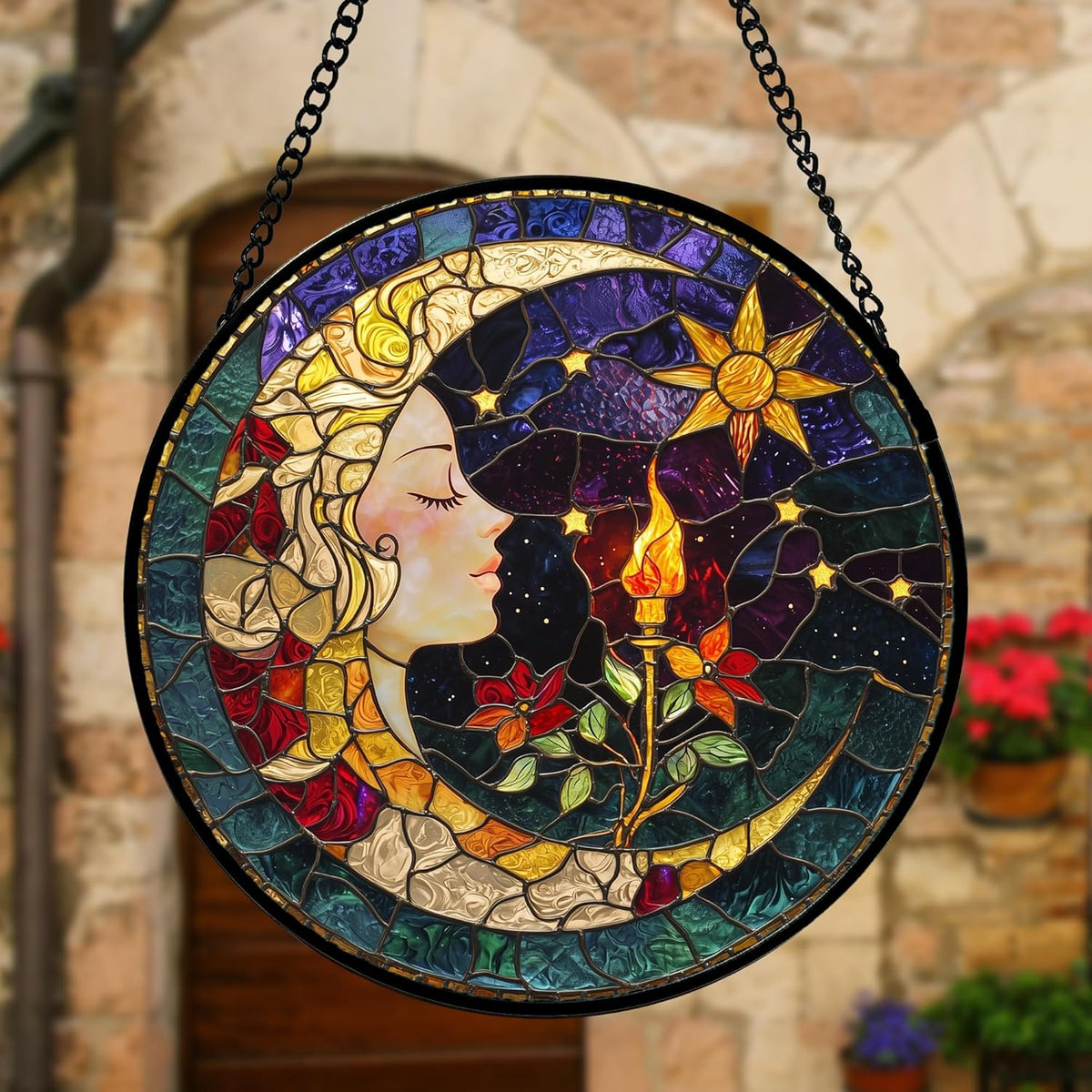 Stained Glass Window Hanging, Moon Goddess Torch Suncatcher Diamond Glass Panel Hangings Dream Sun Catchers Decor for Birthday for Women, Men, Wife, Aunt, and Mom 11.8x11.8 in