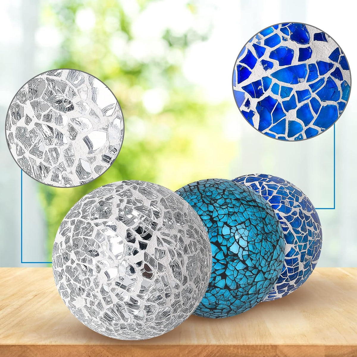 6Pcs Decorative Ball Set, 6cm/2.4inch Mosaic Glass Orbs Centerpiece Balls for Decorate Tables, Wedding Party