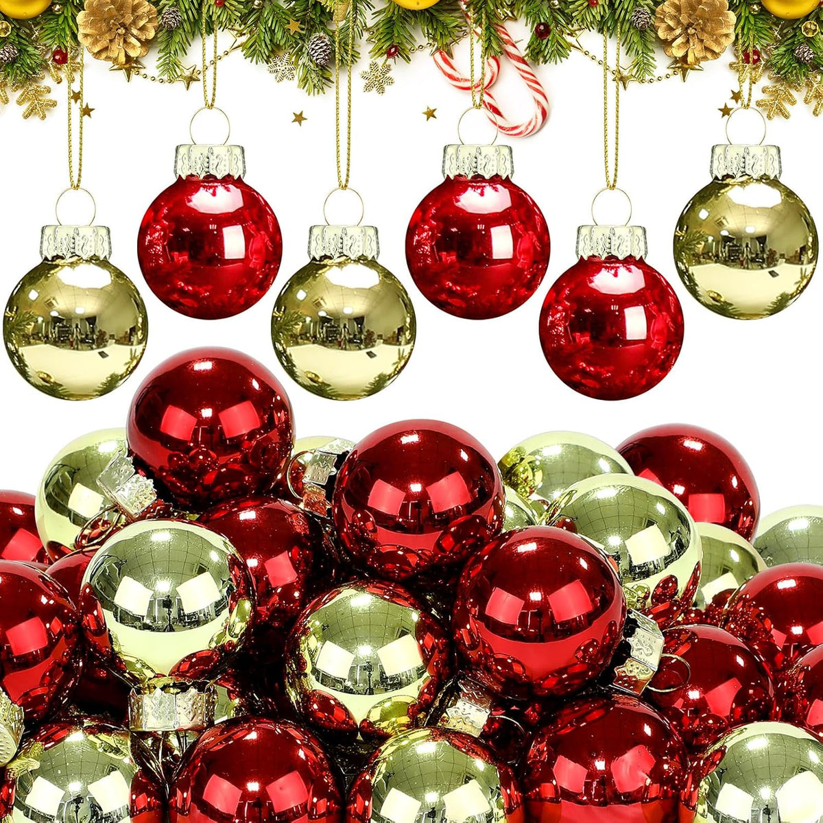 Tioncy 32 Pcs 1 Inch Mini Glass Christmas Ornaments Balls Shiny Christmas Balls Tiny Tree Hanging Decoration Small Colorful Ball Pendant for Xmas Party Supplies(Red, Gold)