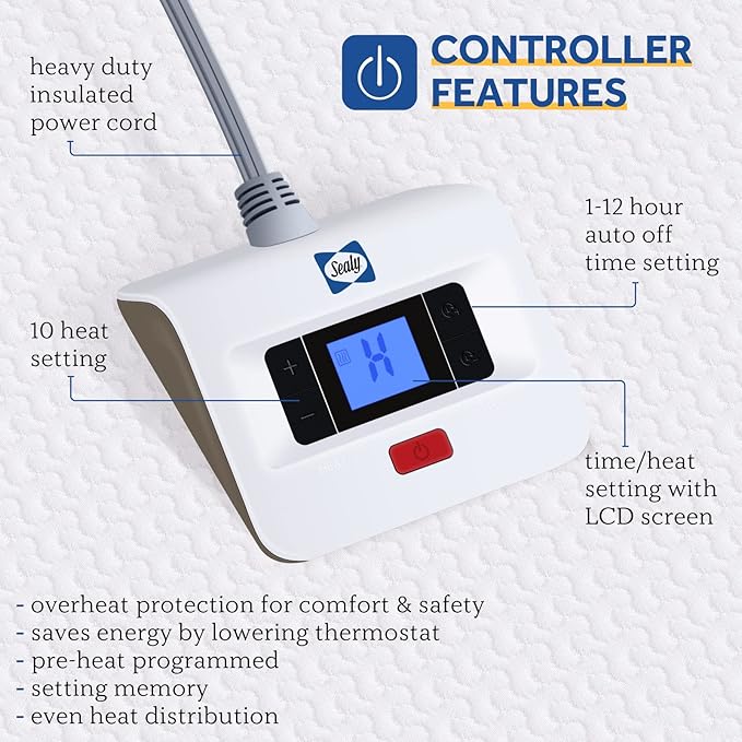 Sealy Heated Mattress Pad Full Size 54x75 Inch, Zone Heating Electric Bed Warmer with Deep Pocket, 10 Heat Setting Controller & 1-12 Hours Auto Shut Off, Knitted Breathable Heated Mattress Cover